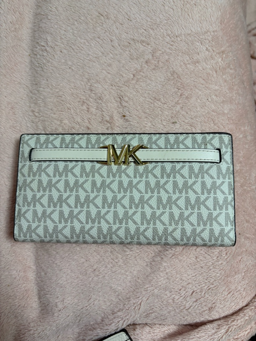 Michael Kors Beige Signature MK Continental Wallet with Gold Logo